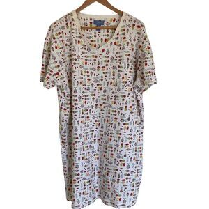 Cabernet Sleep Shirt Gown Womens Size L/XL White Red Yellow Novelty Print V Neck